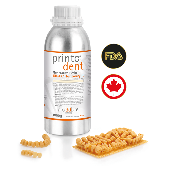 Pro3dure Printodent® GR-17.1 Temporary lt — Resina 3D per Provvisori a Lunga Durata e Denti da Protesi | SLA / DLP / LCD